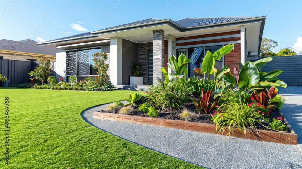 A contemporary Australian home or residential buildings front yard features artificial grass lawn turf with timber edging, and a big flowers garden A contemporary Australian home or residential buildings front yard features artificial grass lawn turf with timber edging, and a big flowers garden