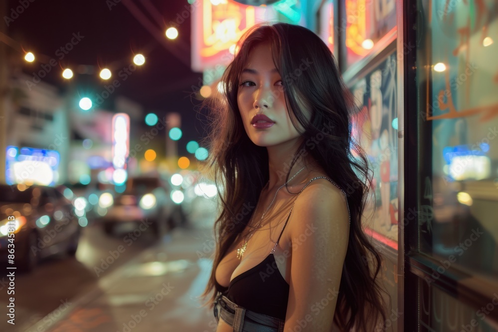 Sexy Asian woman standing on a city street at night Sexy Asian woman standing on a city street at night
