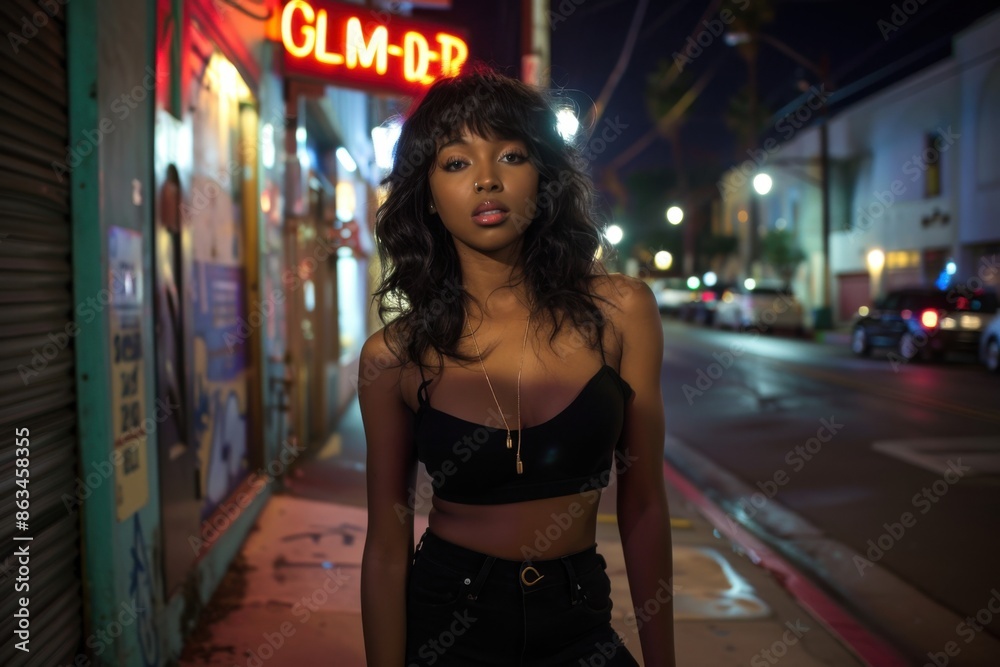 Sexy black woman standing on a city street at night Sexy black woman standing on a city street at night