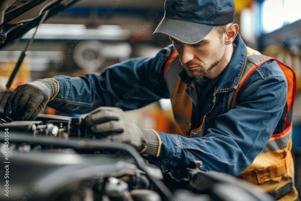 Auto mechanic works with broken engine in mechanic or auto repair shop Auto mechanic works with broken engine in mechanic or auto repair shop