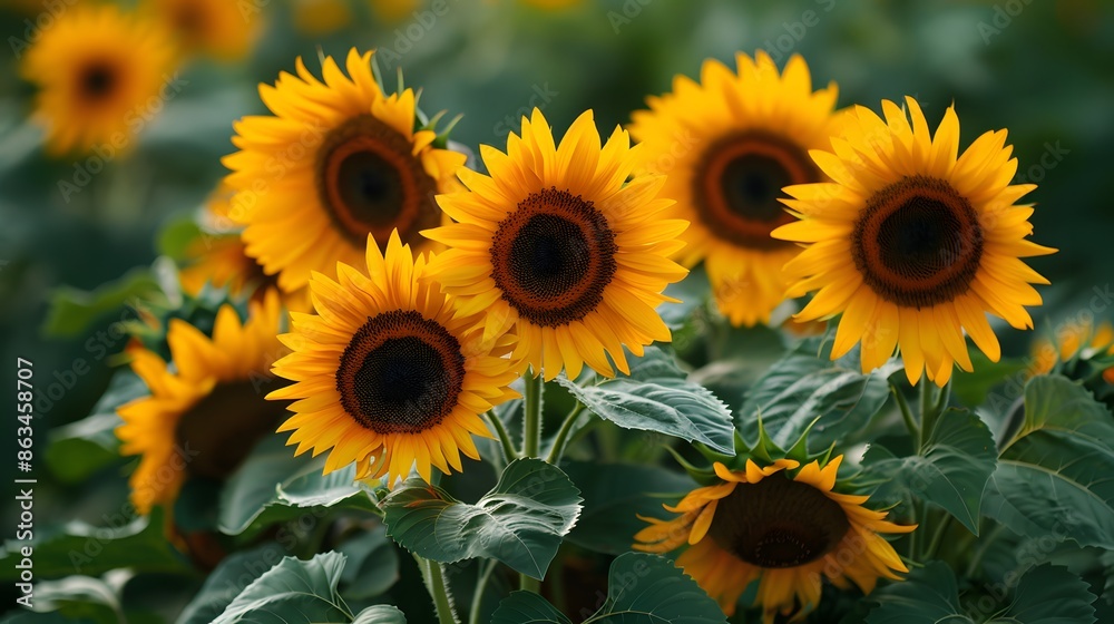 A cluster of vibrant sunflowers, with the golden petals standing out against the darker green of the leaves. A cluster of vibrant sunflowers, with the golden petals standing out against the darker green of the leaves.