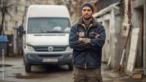 Repairman holding a hammer in front of his van