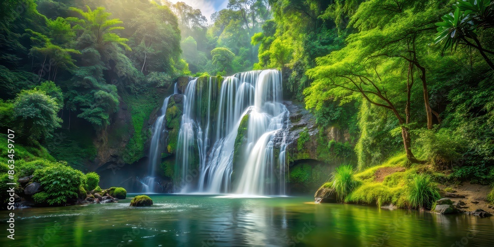 Majestic waterfall flowing through lush green forest setting, waterfall, forest, nature, serene, tranquil, picturesque Majestic waterfall flowing through lush green forest setting, waterfall, forest, nature, serene, tranquil, picturesque