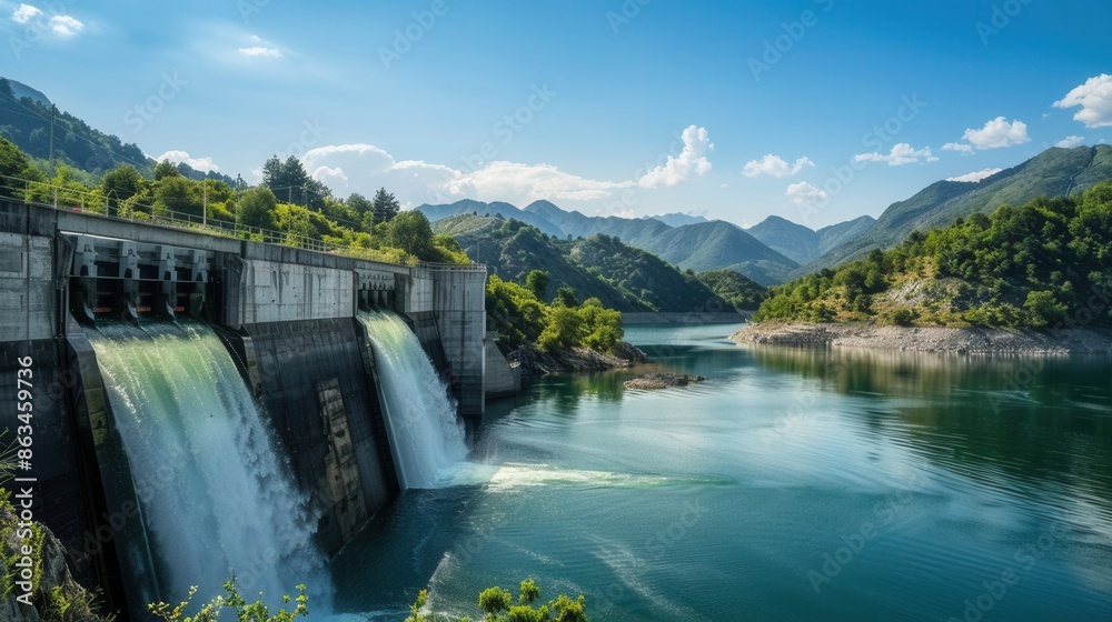 A hydroelectric dam generates power as water flows through its gates in a picturesque mountainous landscape. Generative AI A hydroelectric dam generates power as water flows through its gates in a picturesque mountainous landscape. Generative AI