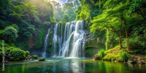 Majestic waterfall flowing through lush green forest setting, waterfall, forest, nature, serene, tranquil, picturesque
