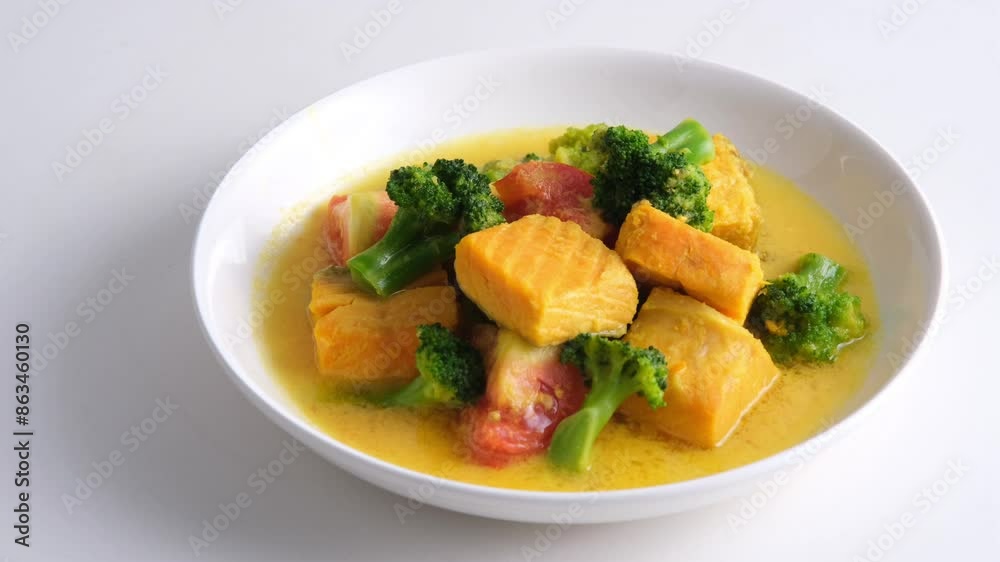 Salmon Kuah Kuning, fish soup with broccoli and tomatoes. Indonesian food
Salmon Kuah Kuning, fish soup with broccoli and tomatoes. Indonesian food