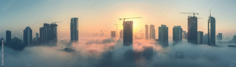 A foggy city skyline featuring high-rise buildings and construction cranes A foggy city skyline featuring high-rise buildings and construction cranes