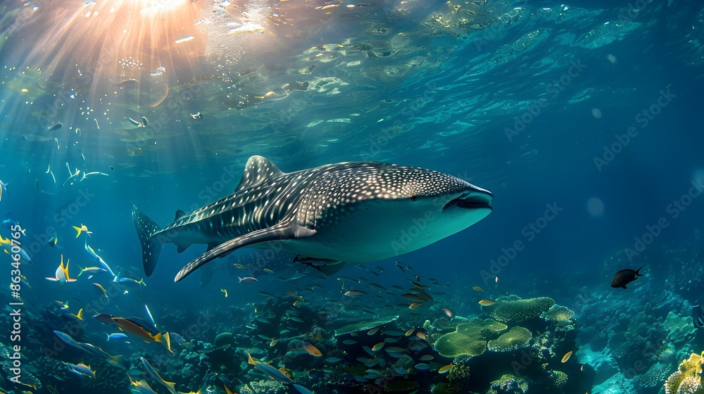 Fototapeta premium A majestic whale shark gliding through the crystal-clear waters, with the sun's rays piercing the ocean surface to illuminate its spotted body.