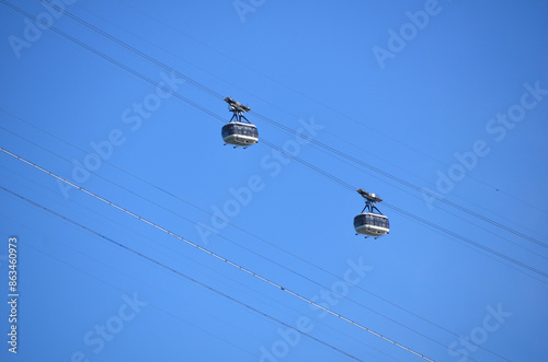 Detail of the Pão de Açúcar cable car on a beautiful blue sky day in Rio de Janeiro, Brazil
