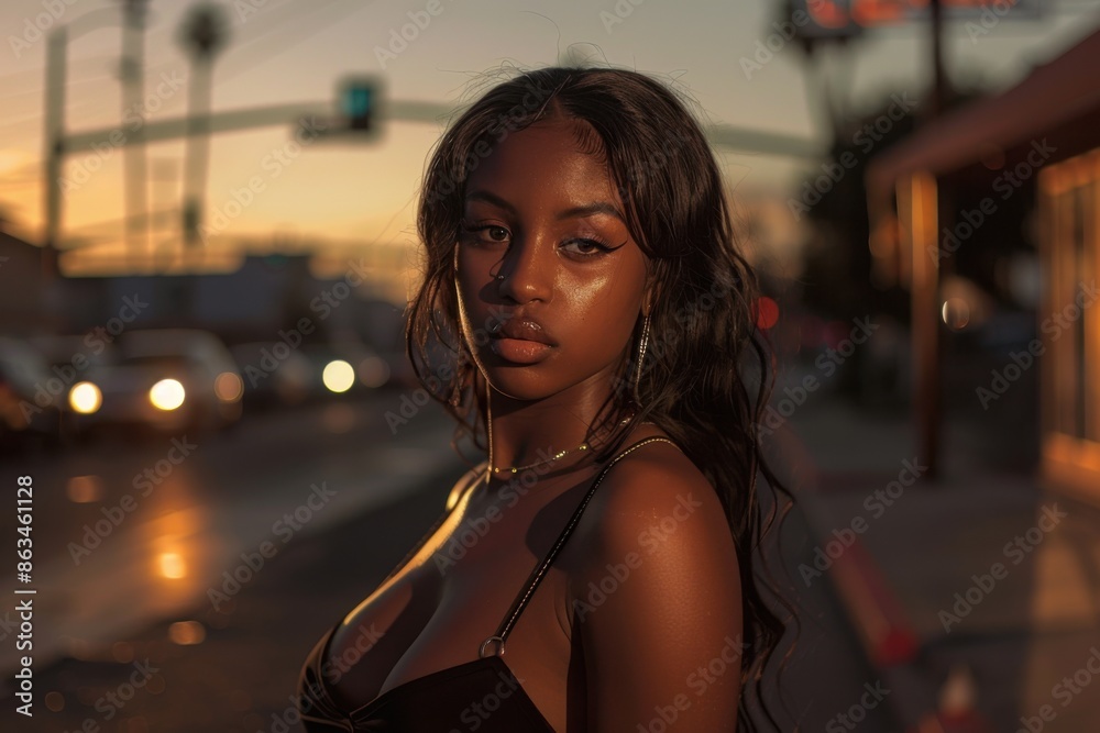 Sexy young black woman on a street at sunset Sexy young black woman on a street at sunset