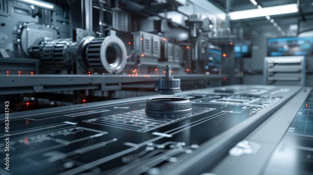 A machine part is shown in a factory setting with a futuristic design. The machine is made of metal and has a shiny, metallic appearance. Concept of innovation and technological advancement A machine part is shown in a factory setting with a futuristic design. The machine is made of metal and has a shiny, metallic appearance. Concept of innovation and technological advancement