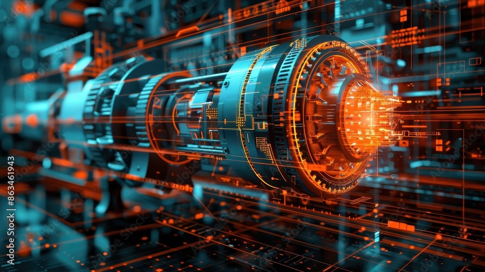 A machine part is shown in a factory setting with a futuristic design. The machine is made of metal and has a shiny, metallic appearance. Concept of innovation and technological advancement A machine part is shown in a factory setting with a futuristic design. The machine is made of metal and has a shiny, metallic appearance. Concept of innovation and technological advancement