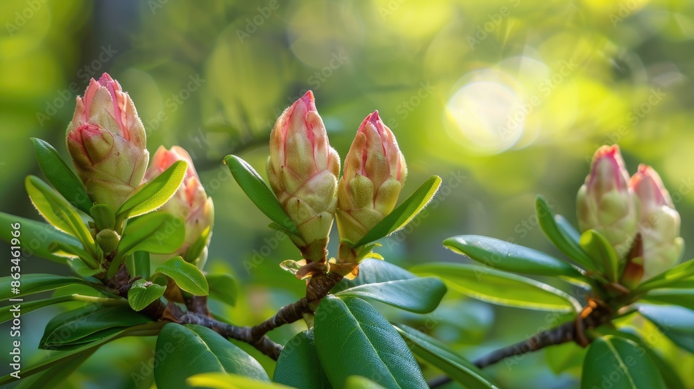 Rhododendron buds and initial blooms blooming during the start of spring Rhododendron buds and initial blooms blooming during the start of spring