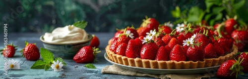 Fresh Strawberry Tart With Whipped Cream and Flowers