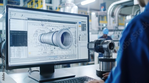 Wallpaper Mural A computer monitor displays a design of a machine. The design is detailed and complex, with many different parts and components. Scene is focused and professional Torontodigital.ca