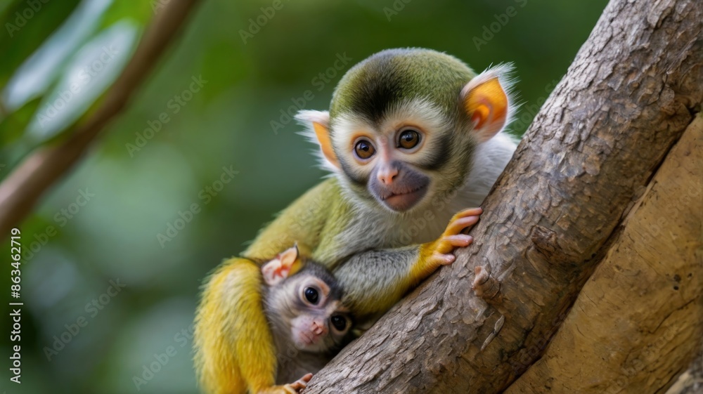 a mother squirrel monkey with her baby, both watching their surroundings a mother squirrel monkey with her baby, both watching their surroundings