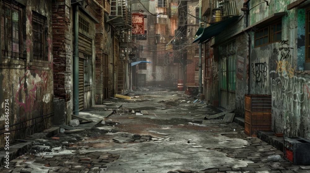 Fototapeta premium Graffiti-tagged abandoned building exterior. Overflowing trash can on the pavement. Dilapidated city scene