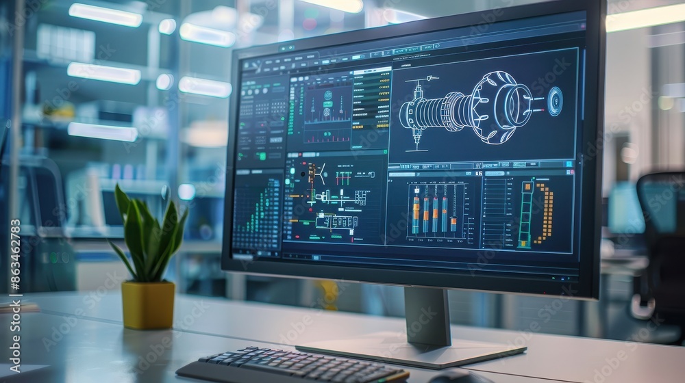 A computer monitor displays a design of a machine. The design is detailed and complex, with many different parts and components. Scene is focused and professional A computer monitor displays a design of a machine. The design is detailed and complex, with many different parts and components. Scene is focused and professional