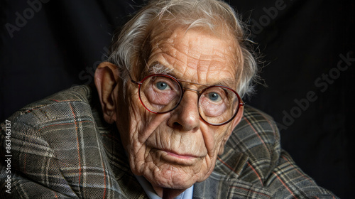 An old man with glasses and a plaid jacket is sitting in a chair. He has a serious expression on his face