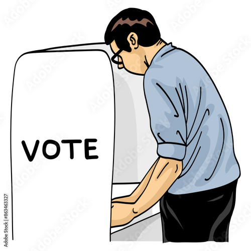 Man Citizen Voting Ballot Booth Stand Vote Cartoon Drawing Vector Illustration