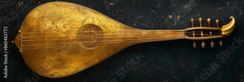 majestic gold lute shines against a dark black background, exuding timeless elegance and musical grace. photo