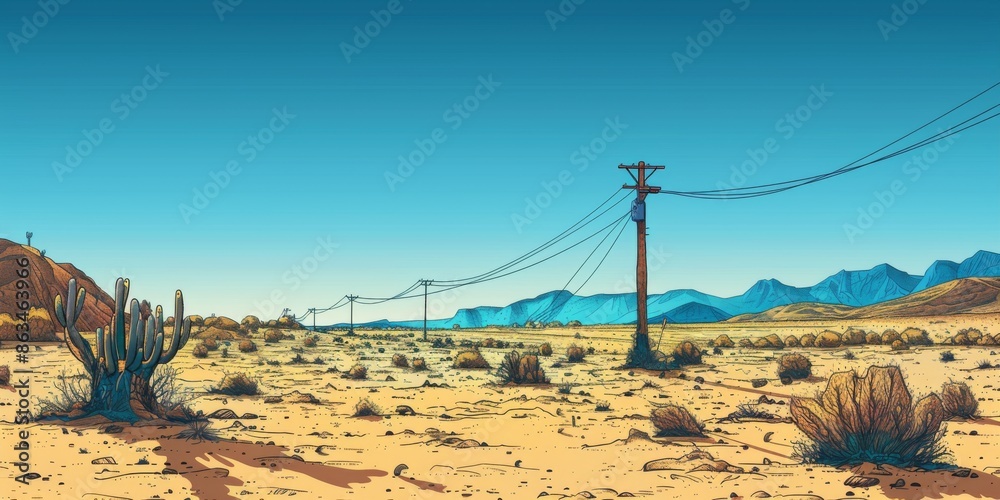 A desert landscape with a telephone pole in the middle A desert landscape with a telephone pole in the middle