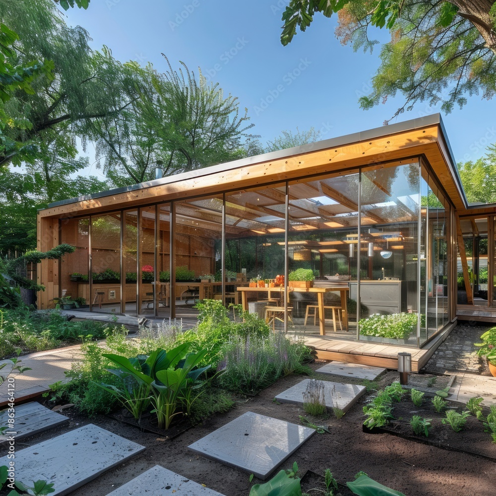 Modern and sustainable design house with large windows surrounded by vegetation, orchards, vertical and roof gardens. Modern and sustainable design house with large windows surrounded by vegetation, orchards, vertical and roof gardens.