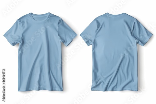 blank light blue tshirt mockup template front and back views isolated on white apparel design concept