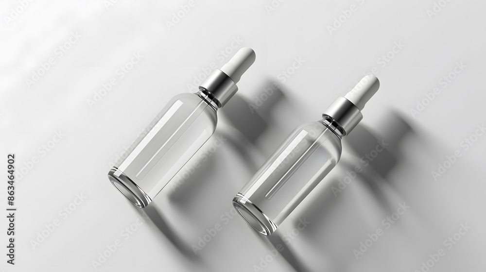 Clear glass cosmetic bottle mockup, both filled and empty versions, set against a pure, isolated backdrop. employing a flat lay technique to emphasize the product’s silhouette. Clear glass cosmetic bottle mockup, both filled and empty versions, set against a pure, isolated backdrop. employing a flat lay technique to emphasize the product’s silhouette.