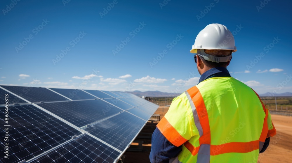 Engineer in a hard hat and safety vest inspecting a large solar panel Engineer in a hard hat and safety vest inspecting a large solar panel