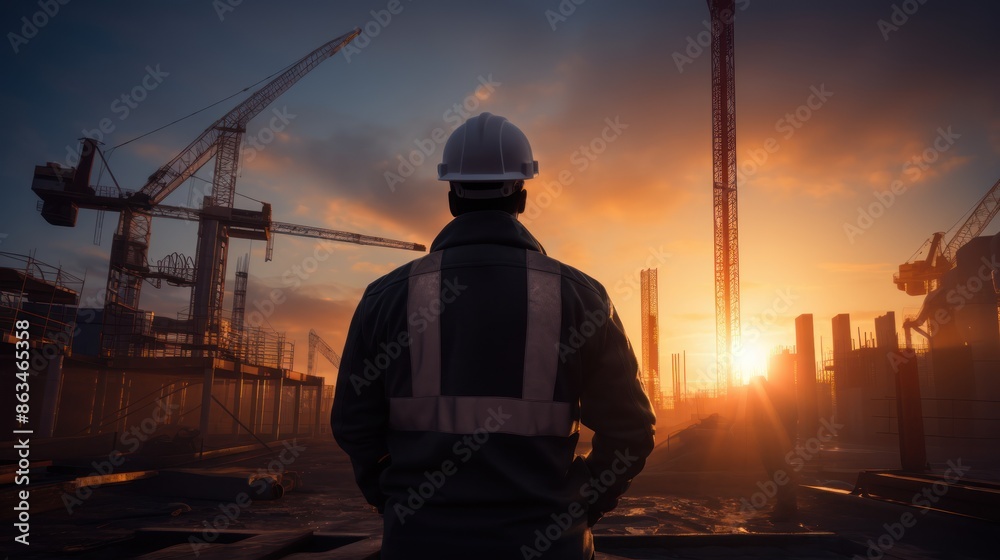 Engineer standing on a construction site at sunrise, Engineer standing on a construction site at sunrise,