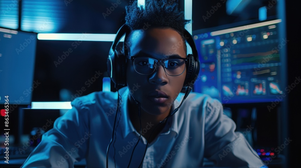 Fototapeta premium A young man wearing glasses and headphones sits at his computer in a dark room