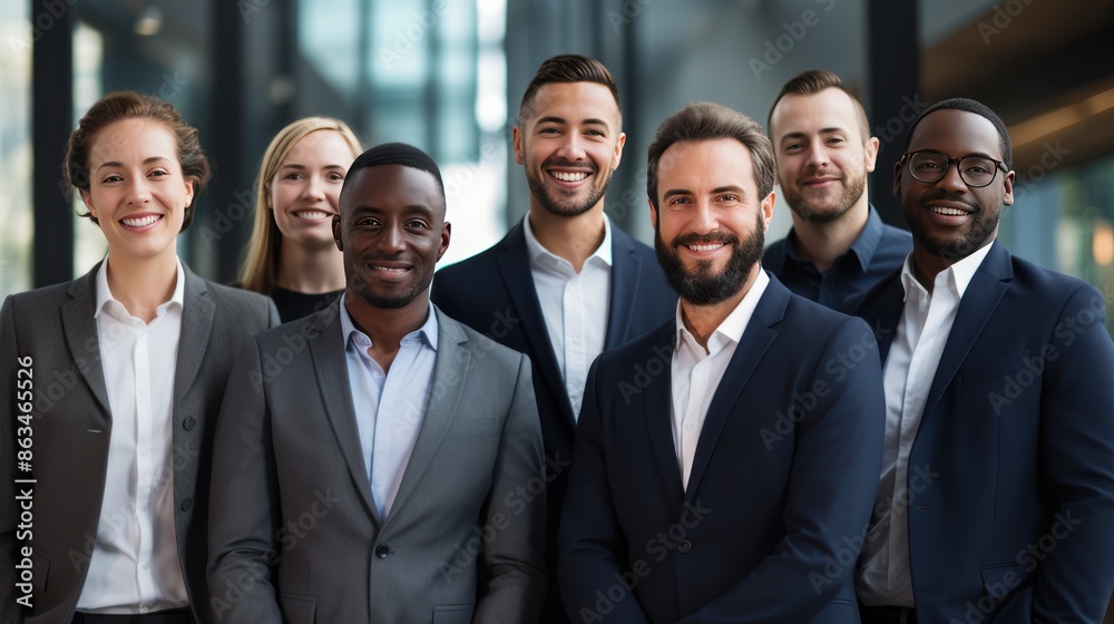 Group of multiethnic businessmen standing together in an office environment, smiling confidently Group of multiethnic businessmen standing together in an office environment, smiling confidently