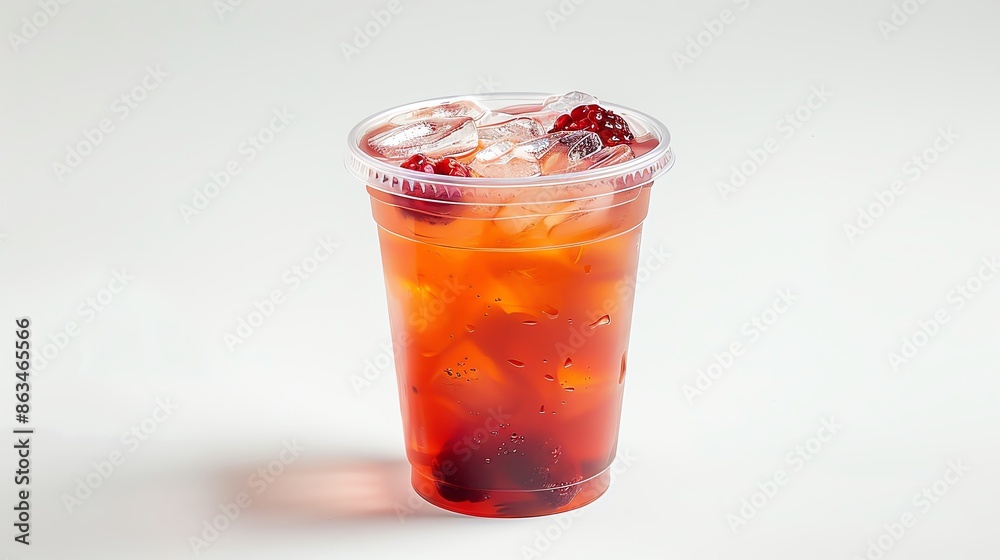 Clear plastic cup filled with Iced Raspberry Tea and a lid, isolated white background, studio light for focused advertising Clear plastic cup filled with Iced Raspberry Tea and a lid, isolated white background, studio light for focused advertising