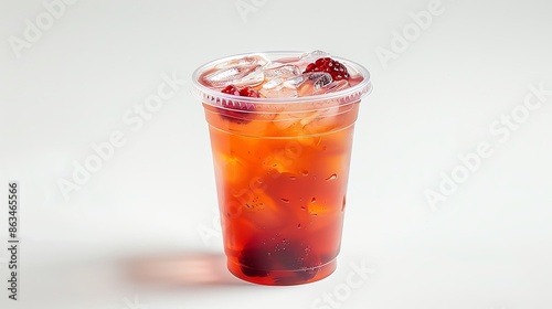 Clear plastic cup filled with Iced Raspberry Tea and a lid, isolated white background, studio light for focused advertising