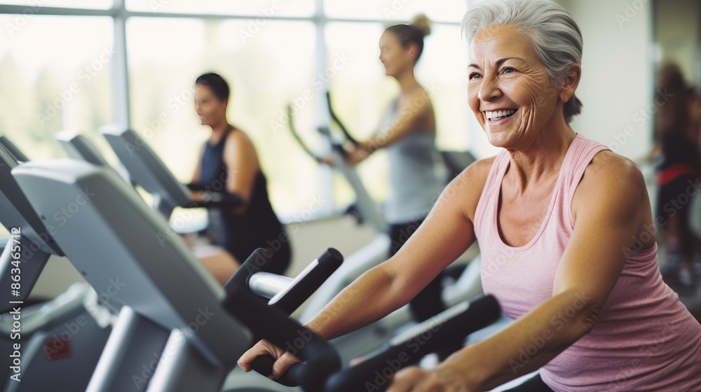 Mature woman using a stationary bike in a well-equipped fitness center, Mature woman using a stationary bike in a well-equipped fitness center,
