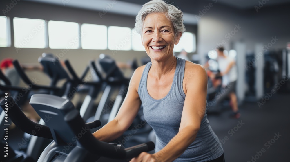 Fototapeta premium Mature woman using a stationary bike in a well-equipped fitness center,