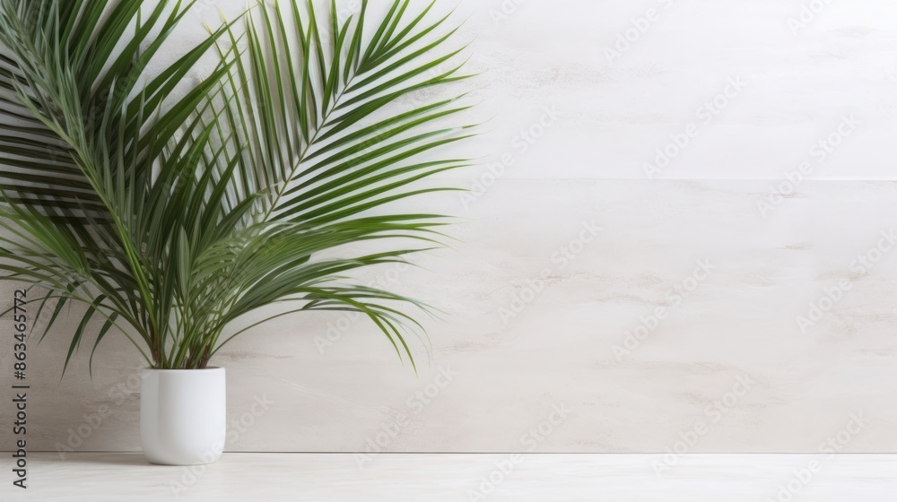 Obraz premium palm leaves in front of a clean white concrete wall 