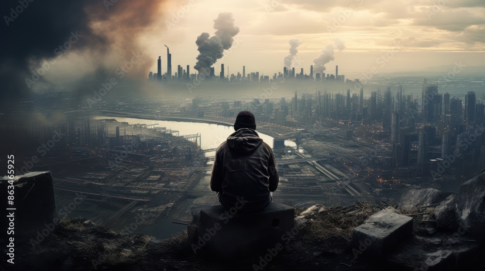 One person looking out over a city with heavy industrial pollution, 