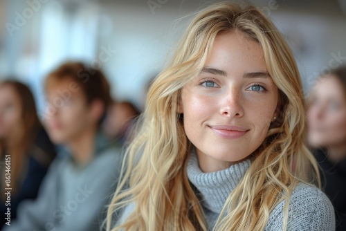 Wallpaper Mural academia as a close up blonde haired college student skillfully captures a portrait amidst the dynamic school atmosphere, blending seamlessly into the university environment. Torontodigital.ca