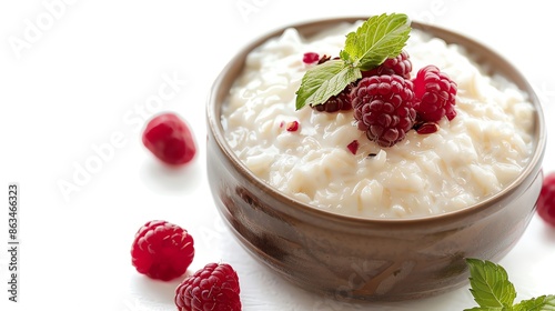 A view of Rice Pudding isolated white background, studio light for focused advertising
