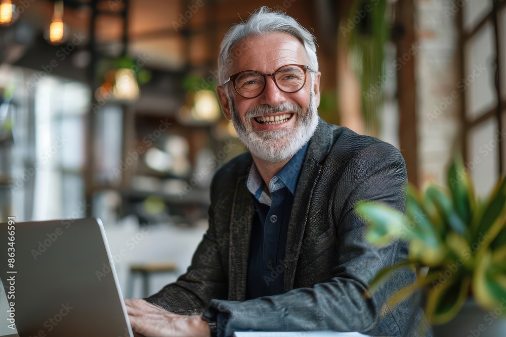 cheerful mature businessman smiling while working on laptop computer successful entrepreneurship concept cheerful mature businessman smiling while working on laptop computer successful entrepreneurship concept