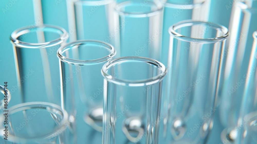 Laboratory analysis Several glass test tubes on a light blue backdrop close up with room for text Laboratory analysis Several glass test tubes on a light blue backdrop close up with room for text