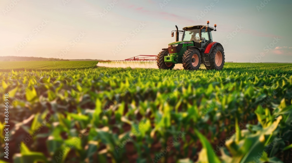 A tractor is captured spraying pesticides on a corn field A tractor is captured spraying pesticides on a corn field