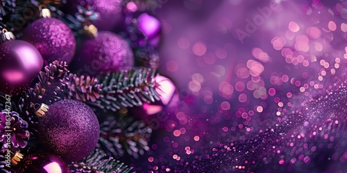 Purple Christmas Ornaments On Pine Branch With Bokeh Background