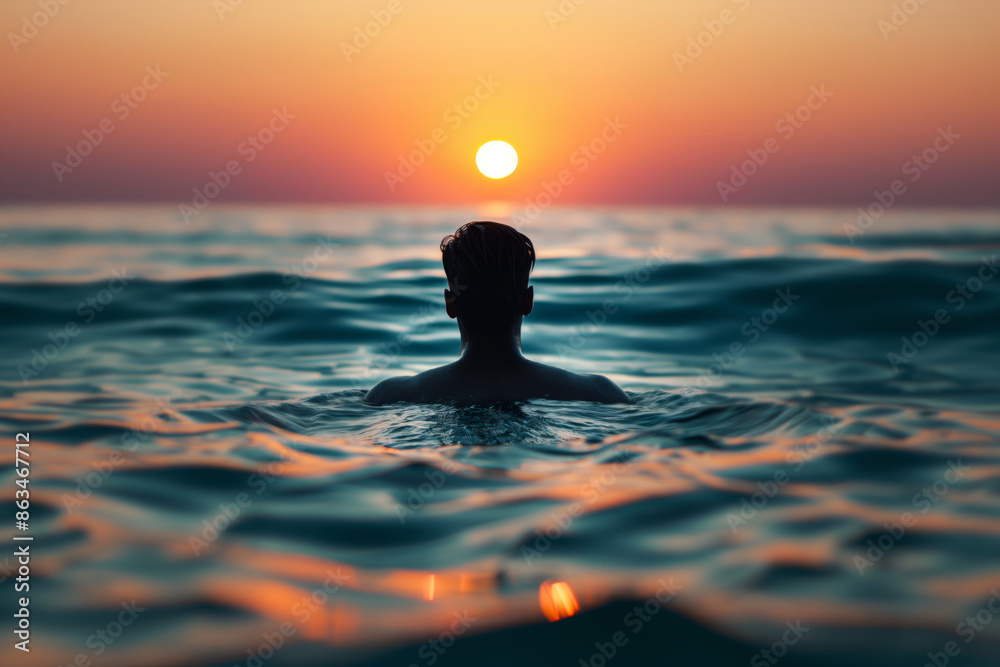 A man swimming alone in sea at sunset