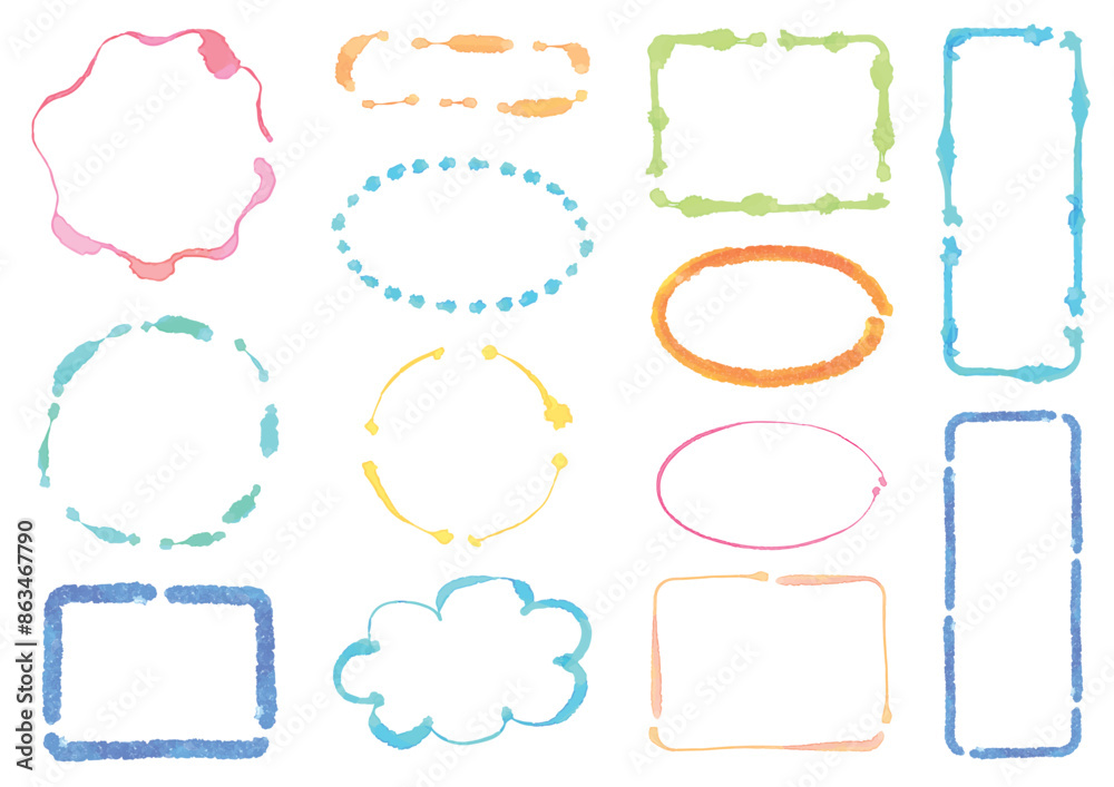 Fototapeta premium 白背景のカラフルな水彩風吹き出しフレーム13点セット