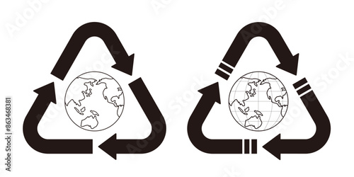 線画の白黒の地球を３つの矢印で三角に囲った環境のイラストセット