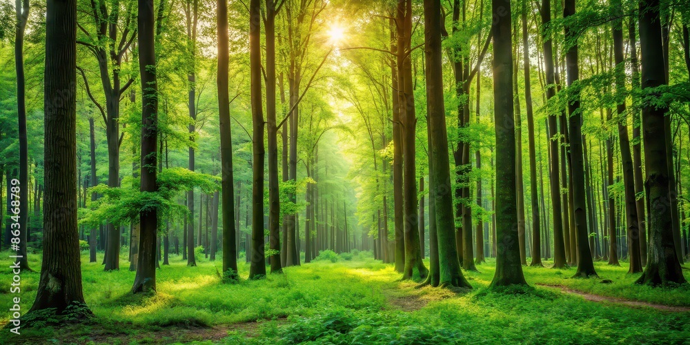 Fototapeta premium Background of a serene forest with tall trees and lush greenery , nature, woodland, peaceful, serene, scenic, landscape
