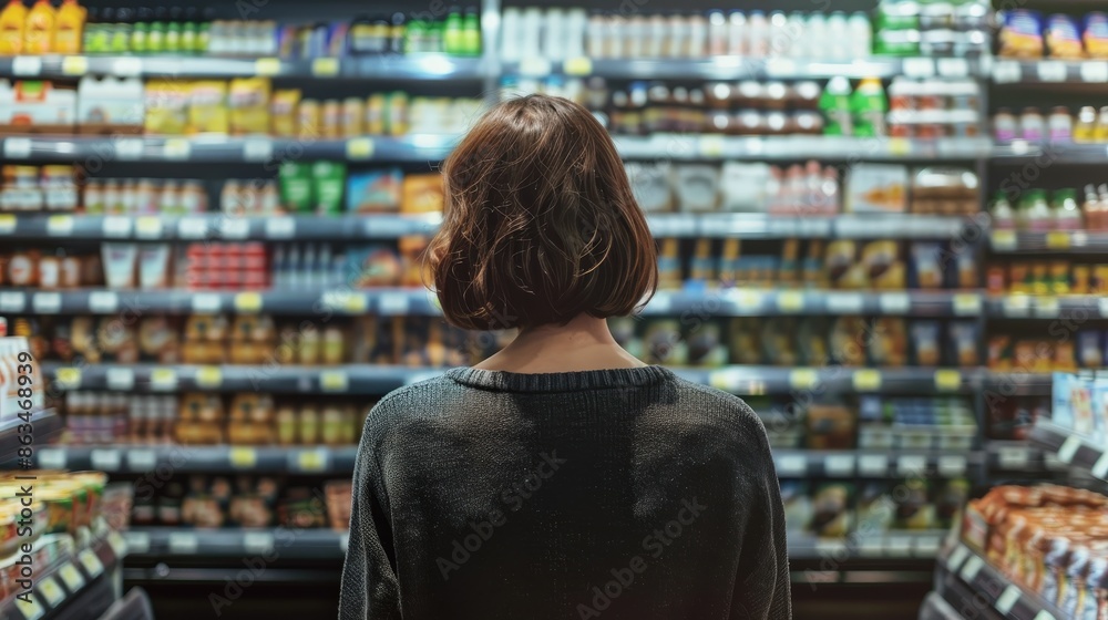 Woman Browsing Grocery Aisle in Supermart Woman Browsing Grocery Aisle in Supermart